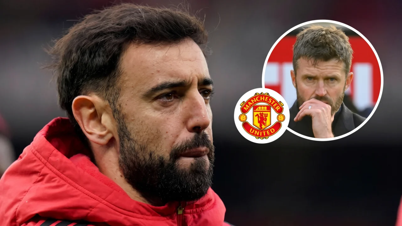 Manchester United captain Bruno Fernandes and manager Michael Carrick after resolving tactical differences at Carrington