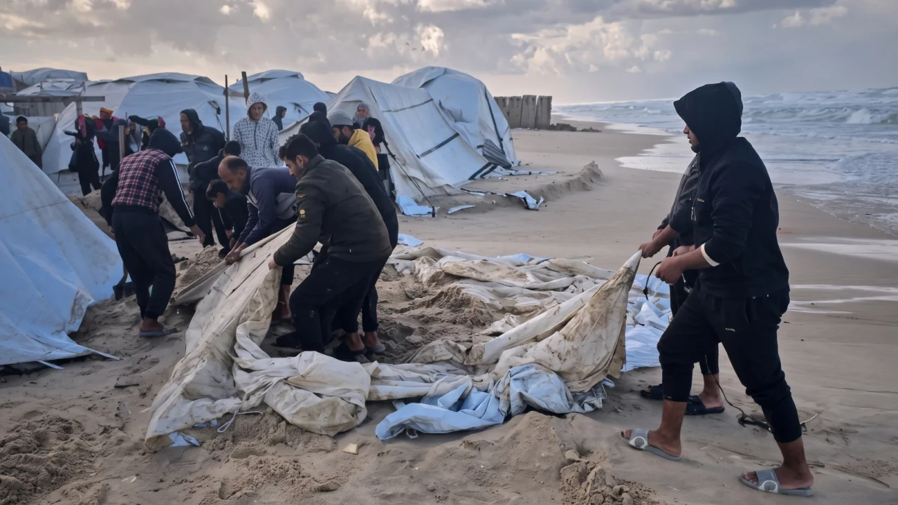 Displaced Palestinians struggling to secure makeshift tents along the coastline in Gaza ahead of winter flooding and storms