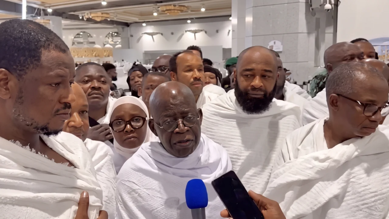 President Bola Ahmed Tinubu in ihram garments during the Umrah lesser hajj pilgrimage in Makkah, Saudi Arabia